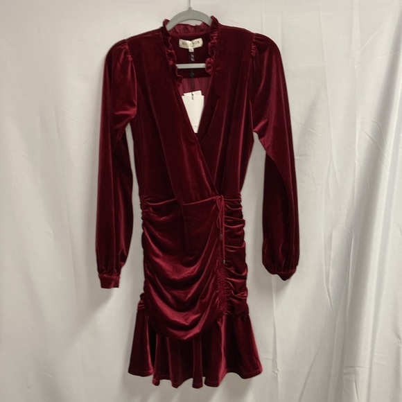 Hale Bob Manon Shirred Velvet Faux Wrap Mini Dress Burgundy Size XS NWT - Picture 3 of 8